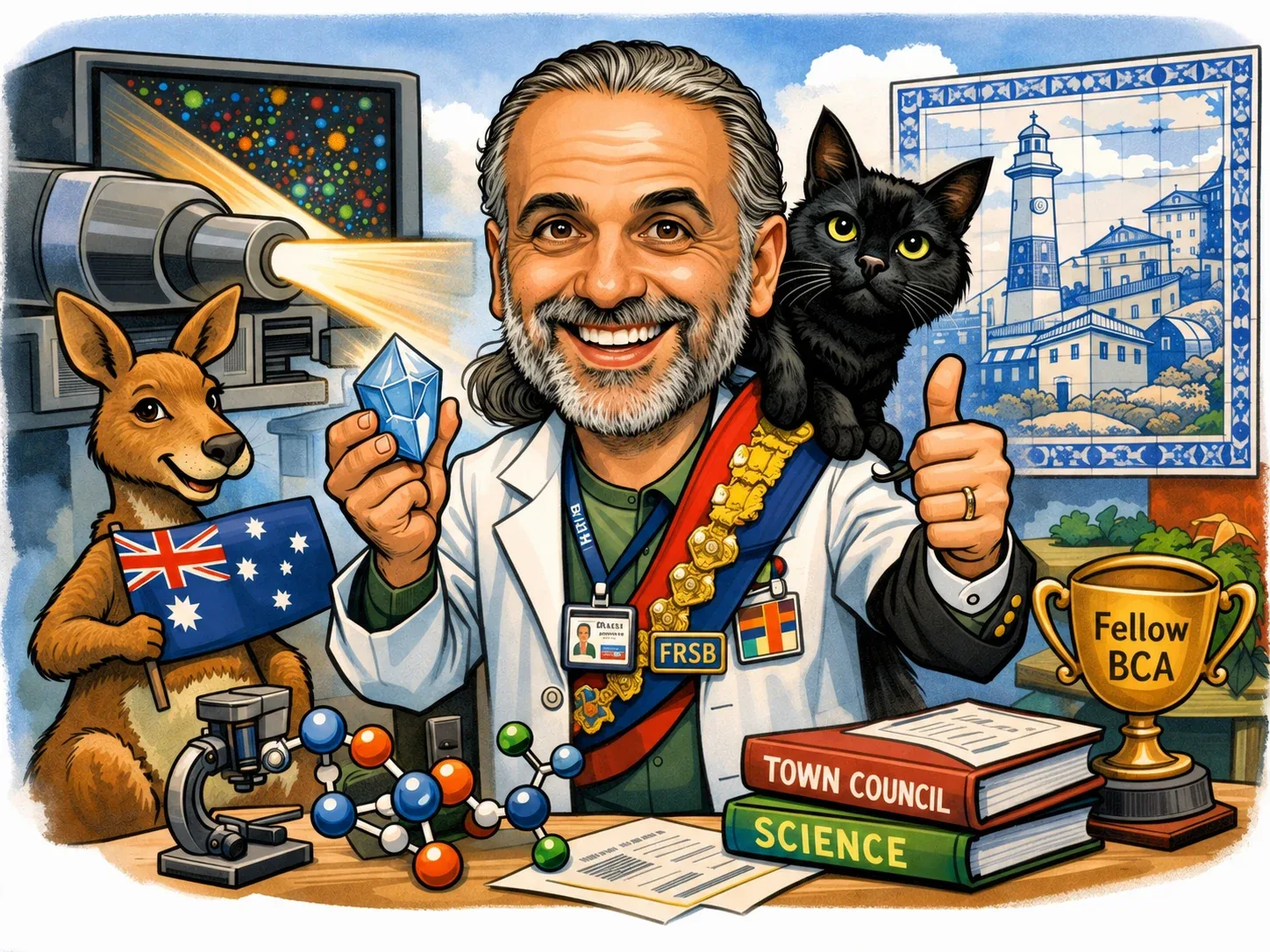 Dibujo de David con bata de laboratorio y un cristal en la mano, con un gato negro en el hombro, un canguro con una bandera australiana, azulejos portugueses, una línea de luz de rayos X, un trofeo de Fellow de la BCA y libros con los títulos Town Council y Science.